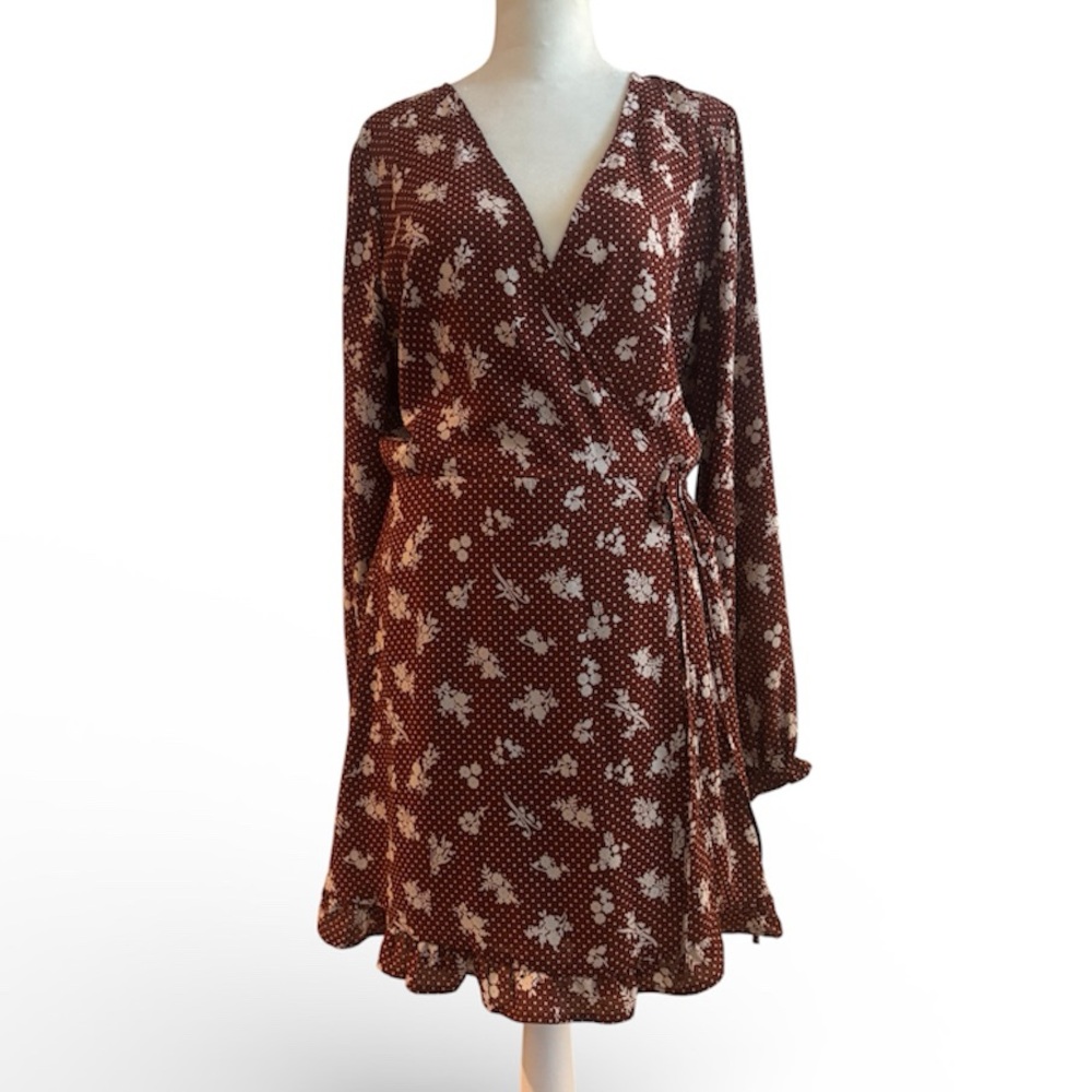 Brown Floral Polka Dot Wrap Dress Size L NWOT